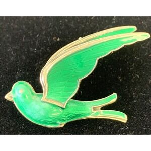 HROAR PRYDZ Vintage Norway 925S Sterling Silver Green Enamel Swallow Bird Brooch